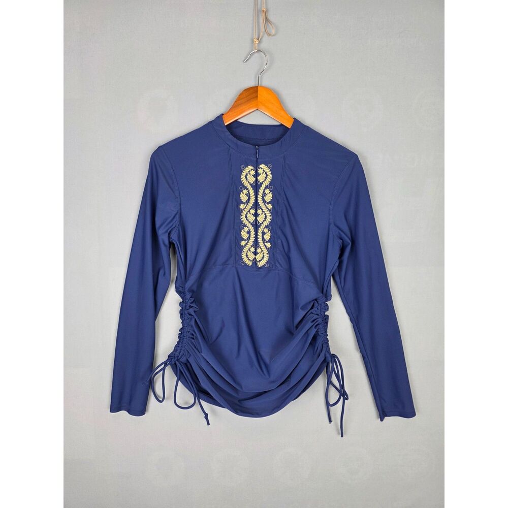 CabanaLife RashGuard Large Navy with Gold Embrodieary Zip up Swim Shirt Pool